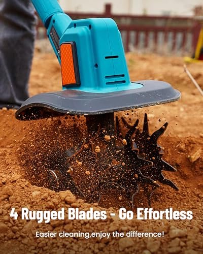 Seesii Electric Tiller for Gardening 300 RPM Rototiller Cordless Cultivator Total 8000mAh Battery Powered Garden Tiller 4 Pcs Blades for Smooth Tilling&Cleaning, Handheld Tiller for Raised Garden Beds