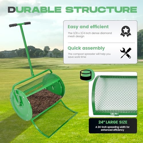 Gelacie 24 in Compost Spreader Peat Moss Spreader T-Shaped Handle for Planting, Seeding Lawn Garden Manure Spreader Roller Green Powder Coated Steel Mesh Basket