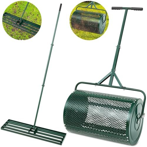 Gisafai 2 pcs Lawn Garden Care Set, 24 Inch Compost Spreader and 35 x 10 Inch Lawn Leveling Rake, Peat Moss Spreader, Metal Mesh Push with T Shaped Handle for Yard Tool