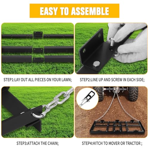 Yoloyakidra 4FT Drag Harrow Driveway Grader Heavy Duty Power Lawn Rake with 4FT Chain Tow Behind for ATV, UTV, Tractor, Mower, Land Leveler for Gravel, Sand, Soil, Hay