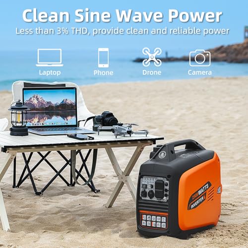 Portable Inverter Generator 2500W Gas Powered, Long Runtime Gas Generators for Home Use, Camping, Super Quiet Emergency Home Backup, with CO Sensor, EPA Compliant