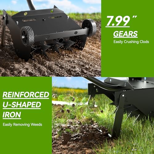 Lineware Rotary Cultivator Tool, 2-in-1 Garden Weeder and Crumbler Soil Tiller for Gardening, Hand Garden Tiller with 66.5 Inch Adjustable Foam Handle