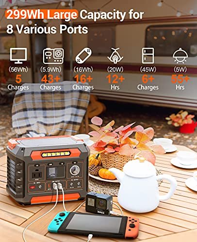 PROGENY 300W Portable Power Station, 299Wh/80818mAh Solar Generator, Regulated DC Output Backup Battery with Pass-Through Charging AC Outlet, Pure Sine Wave, LED Light Power Station for CPAP Camping