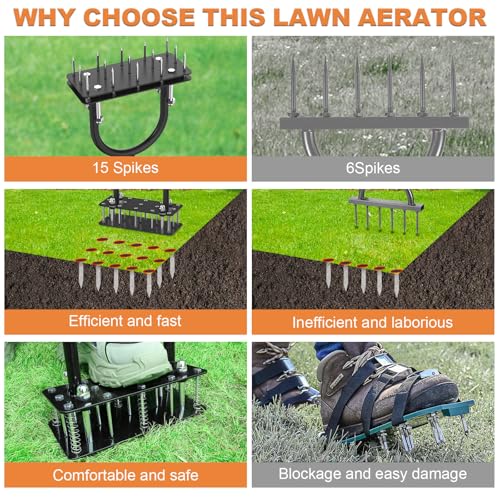 GAINO Lawn Aerator & Aerator Lawn Tool - Manual Yard Aerator for Lawn with 15 Spikes, Automatic Dirt and Leaf Clean Design, Adjustable T-Handle, Pre-Assembled Lawn Aerator Tools (Black + Orange)
