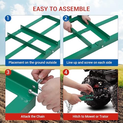 CuisinAid 48”Lawn Leveling Rake & Driveway Drag Harrow - Heavy-Duty Tow-Behind Tool with 4FT Reinforced Chain - for ATV, UTV, Tractor, Mower - Gravel, Soil, Yard & Landscape Grading