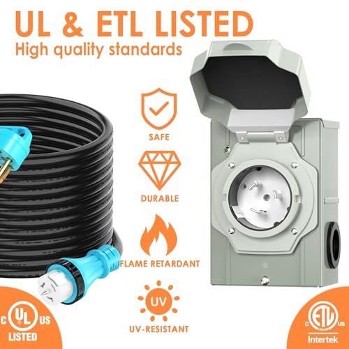 CircleRiver UL Listed 50 Amp 25FT Generator Cord and Power Inlet Box Combo Kit NEMA 14-50P Male to SS2-50R STW 6/3+8/1 AWG 125/250V Twist Locking with Inlet Box for Generator to House