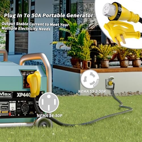 PlugSaf 50 Amp Generator Cord, 25FT 50 Amp RV Extension Cord with Twist Lock, Generator Cable 50A 4 Prong Yellow, NEMA 14-50P/SS2-50R Heavy Duty 6/3+8/1 AWG STW Wire for RV Camper & House