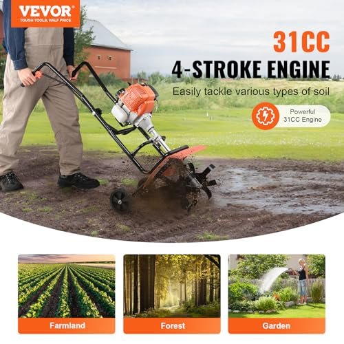 VEVOR Tiller Cultivator, 31CC 4-Stroke Garden Cultivator, Tiller with 4 Steel Adjustable Front Tines for Lawn, Garden and Field Soil Cultivation, Orange