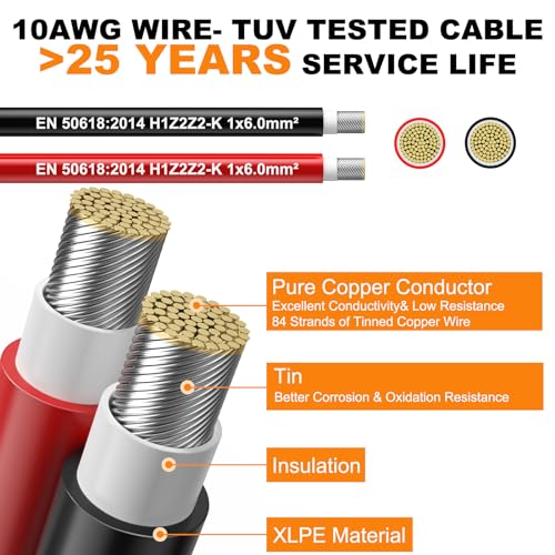 Oududianzi 2x100 Feet Solar Panel Wire, 10AWG Tinned Copper Solar Extension Cable for Photovoltaic Systems, Automotive RVs, Boats (100FT Red + 100FT Black)