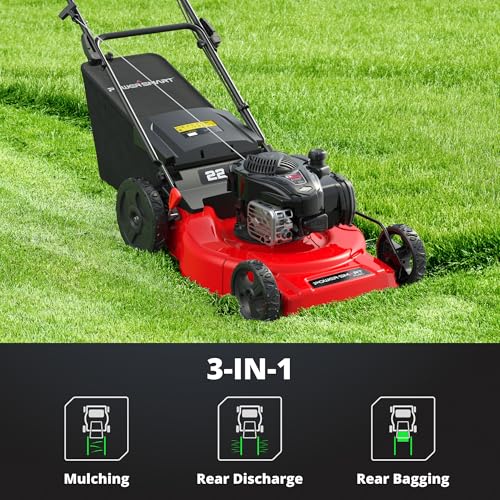 PowerSmart 22-Inch Gas Lawn Mower, 150cc B&S Engine, Self-Propelled, 3-in-1 Mulching System, 6 Cutting Heights, Rear-Wheel Drive, Durable Steel Deck