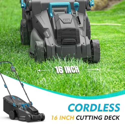 16 inch Electric Lawn Mower, 2x20V Cordless Mower, 6-Position Cutting Height Adjustment with 2x4.0Ah Batteries & Dual Charger