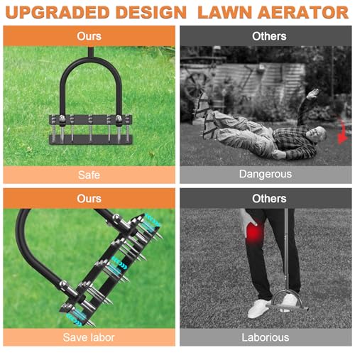 GAINO Lawn Aerator & Aerator Lawn Tool - Manual Yard Aerator for Lawn with 15 Spikes, Automatic Dirt and Leaf Clean Design, Adjustable T-Handle, Pre-Assembled Lawn Aerator Tools (Black + Orange)