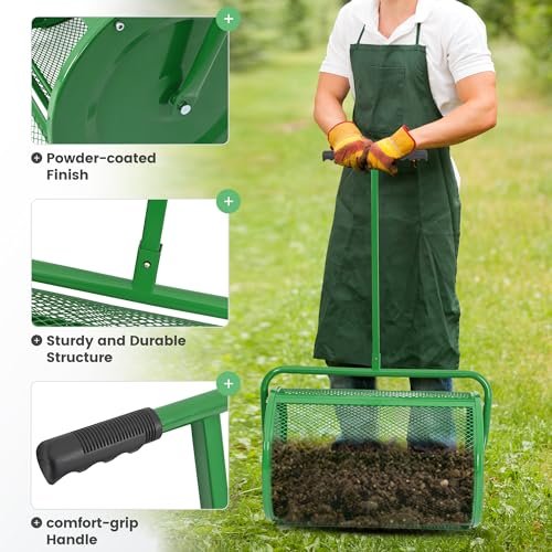 Gelacie 24 in Compost Spreader Peat Moss Spreader T-Shaped Handle for Planting, Seeding Lawn Garden Manure Spreader Roller Green Powder Coated Steel Mesh Basket
