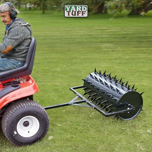 Yard Tuff Drum 36 Inch Wide Behind Lawn Mower ATV Yard Grass Aerator Roller with 78 Steel Spikes and 24 Gallon Water Holder for Gardening