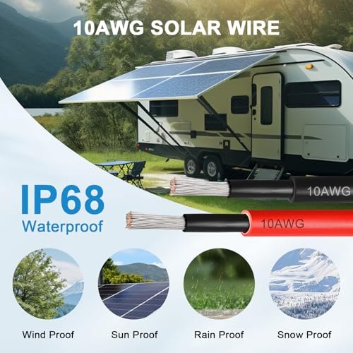 Solar Panel Wire 10 AWG(6mm²) - Solar Extension Cable 50Ft Black & 50Ft Red 10 Gauge Tinned Copper PV Wire for Outdoor Automotive RV Solar Panel Boat Marine (Black+Red)