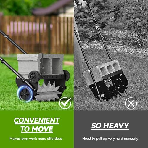 18-Inch Lawn Aerator,Heavy Duty Push Spike Aerator with 4 Wheels,Aerator Lawn Tool with Steel Handle, Manual Aerator Lawn Tool with Foam Armrests, Suitable for Lawn, Garden and Yard