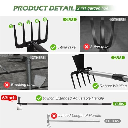 Walensee Hoe Garden Tool, 63 Inch Garden Hoe with Adjustable Long Handle for Weeding, 5-Tines Hoe Cultivator 2 in 1 Hand Garde Tools for Yard Lawn Planting Gardening Digging