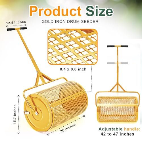 Hiboom 24 Inch Compost Spreader, Peat Moss Spreader, Manure Roller with Adjustable T Shaped Handle, ​Lightweight Metal Mesh for Lawn Garden Spreading Manure Topsoil (Gold)