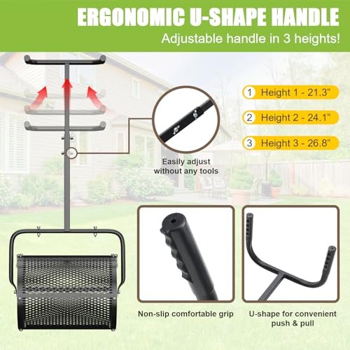 PoPoHoser Compost Spreader, Peat Moss Spreader with Adjustable U-Shaped Handle, 16 inch Heavy Duty Metal Fertilizer Spreader Roller for Lawn Top Soil, Top Dressing, Seedling, Mulch, Manure