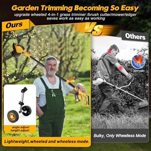20000 RPM Electric Stringless Weed Wacker, Cordless Weed Eater Battery Powered 6000mAh, 4-in-1 Brush Cutter Heavy Duty/Weed Trimmer/Lawn Mower Edger W/Wheel Metal Blade, 2 Battery Garden Yard Tool