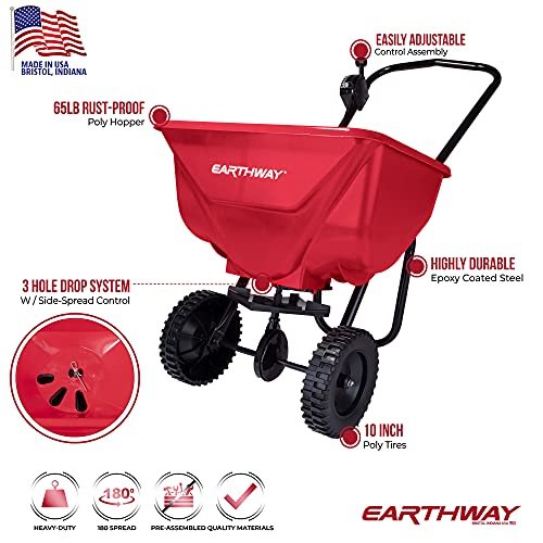 EarthWay 2030 Single 65 LB (29 KG) Capacity Commercial Walk-Behind Broadcast Spreader for Grass, Fertilizer, Seeds — Includes Side Spread Control, Even Spread, Poly Tires