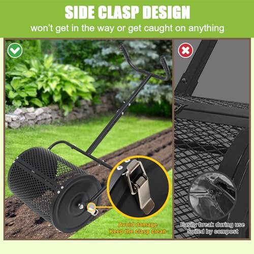 PoPoHoser Compost Spreader, Peat Moss Spreader with Adjustable U-Shaped Handle, 16 inch Heavy Duty Metal Fertilizer Spreader Roller for Lawn Top Soil, Top Dressing, Seedling, Mulch, Manure