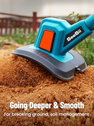Seesii Electric Tiller for Gardening 300 RPM Rototiller Cordless Cultivator Total 8000mAh Battery Powered Garden Tiller 4 Pcs Blades for Smooth Tilling&Cleaning, Handheld Tiller for Raised Garden Beds