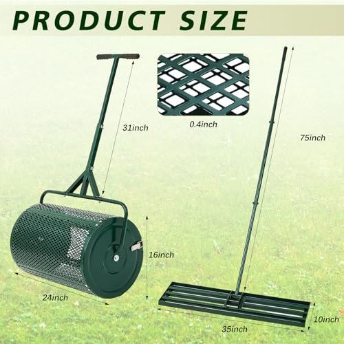 Gisafai 2 pcs Lawn Garden Care Set, 24 Inch Compost Spreader and 35 x 10 Inch Lawn Leveling Rake, Peat Moss Spreader, Metal Mesh Push with T Shaped Handle for Yard Tool