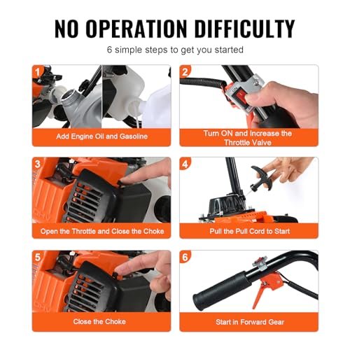 VEVOR Tiller Cultivator, 31CC 4-Stroke Garden Cultivator, Tiller with 4 Steel Adjustable Front Tines for Lawn, Garden and Field Soil Cultivation, Orange