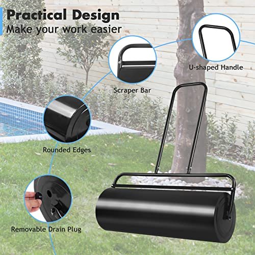 Goplus Lawn Roller, Push/Pull/Tow Behind Water/Sand Filled Steel Sod Drum Roller with U-Shaped Handle, Yard Roller for Garden Backyard Grass, 17 Gallon/63 L, 36