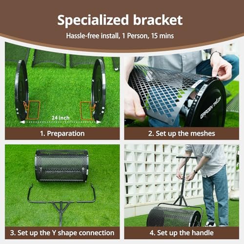Compost Spreader 24 Inch Peat Moss Spreader with Installation Support Accessories, Metal Mesh Roller Lawn Spreader for Top Soil, Manure, Mulch, Top Dressing - Garden spreaders for lawns