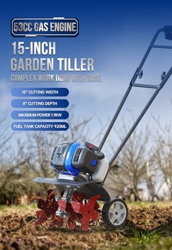WILD BADGER POWER Garden Tiller 53cc Mini Cultivator 15 inch Powerful Liftable Booster Rod Tilling Tool for Lawn, Garden and Field Soil Cultivation
