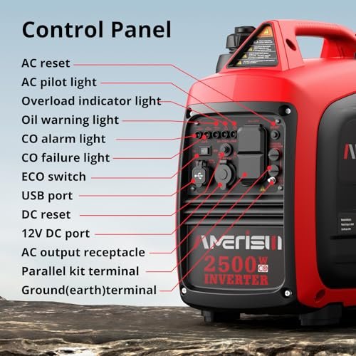 AMERISUN 2500-Watt Gas Powered Portable Inverter Generator, CO Sensor, Super Quiet for Home Backup, Emergency, Camping, EPA Compliant 2025 Version