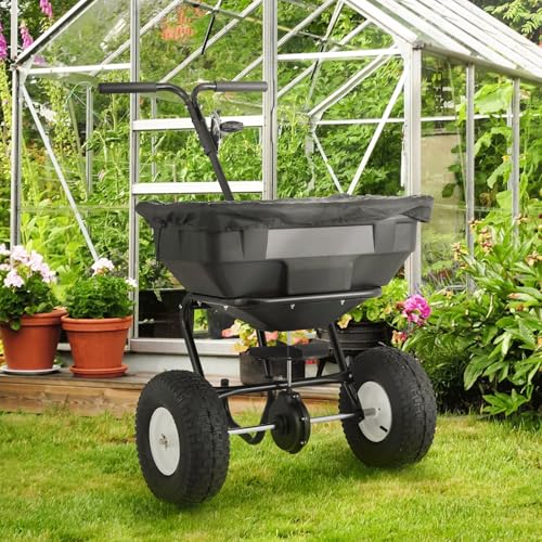 MoNiBloom 125 lb Walk-Behind Push Broadcast Spreader for Fertilizer, Grass Seed, Salt & Ice Melt, Heavy Duty Lawn, Garden & Farm Seeder with Rain Cover, Easy to Use for Yards, Fields & Uneven Terrain