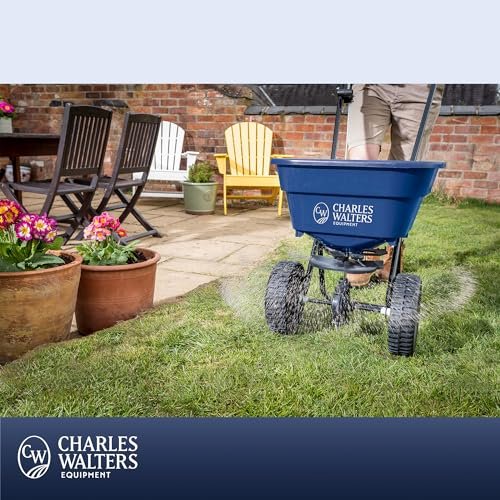 Charles Walters Equipment CW1000 Homeowner Broadcast Spreader for Spreading Fertilizer and Ice Melt on Lawns, Sidewalks, and Driveways, 65lb Capacity, 33