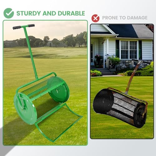 Gelacie 24 in Compost Spreader Peat Moss Spreader T-Shaped Handle for Planting, Seeding Lawn Garden Manure Spreader Roller Green Powder Coated Steel Mesh Basket