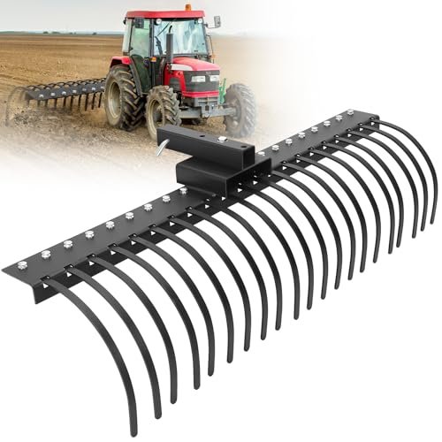 PULLAFUN 60 Inch Landscape Rock Rake,3 Point Attach Rake Fit for 2 Inch Receiver with 360 Degree Rotation,Tow-Behind Garden Tool for Compact Tractors, Category 1, Black