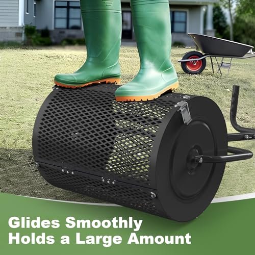 Compost Spreader, 18 Inch Roller Peat Moss Lawn Spreader with U Shaped Handle,Heavy Duty Top Soil Fertilizer Spreading Tool for Planting Seeding Lawn Garden Care, Light Weight Metal Mesh Manure Roller