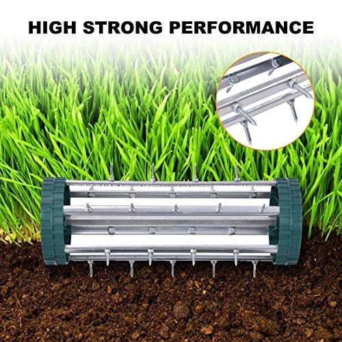 Goplus Rolling Lawn Aerator, 18-Inch Garden Yard Rotary Push Tine Heavy Duty Spike Soil Aeration, Manual Lawn Aeration Tool w/ 41-Inch Handle (Silver)
