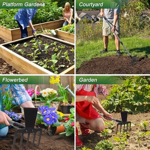 Walensee Hoe Garden Tool, 63 Inch Garden Hoe with Adjustable Long Handle for Weeding, 5-Tines Hoe Cultivator 2 in 1 Hand Garde Tools for Yard Lawn Planting Gardening Digging