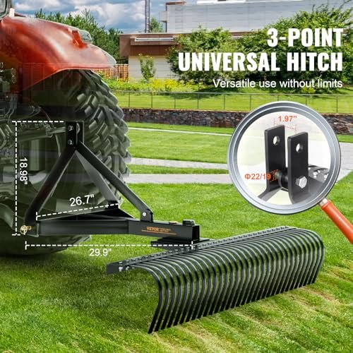 VEVOR Tow Behind Dethatcher, 60-inch Tow Dethatcher with 32 Steel Tines, 3-Point Lawn Dethatcher Rake with Attachments for Tractor, Landscape Rake for Garden, Farm, Grass