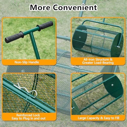HIDALIFE Compost Spreader Roller, 24'' Peat Moss Spreader, Drop Fertilizer Grass Seed Spreader with Upgrade T Handle Strengthened Structure, Lightweight Metal Mesh Spreader Lawn & Garden Tool, Green