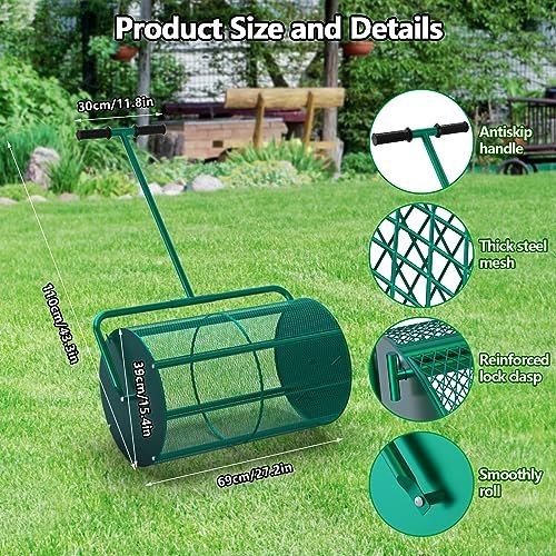 HIDALIFE Compost Spreader Roller, 24'' Peat Moss Spreader, Drop Fertilizer Grass Seed Spreader with Upgrade T Handle Strengthened Structure, Lightweight Metal Mesh Spreader Lawn & Garden Tool, Green