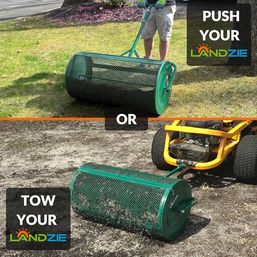 LANDZIE Lawn & Garden Spreaders - 36 Inch Heavy Duty Metal Mesh Basket Push/Tow Spreader - Compost, Peat Moss, Top Soil, Mulch - Durable Lightweight Multi-Purpose Yard Care Equipment - Manure Spreader