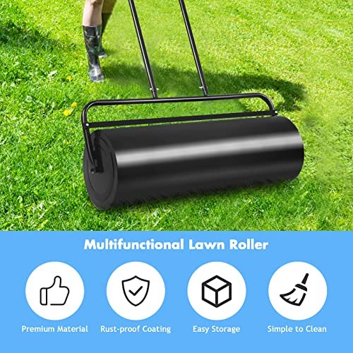 Goplus Lawn Roller, Push/Pull/Tow Behind Water/Sand Filled Steel Sod Drum Roller with U-Shaped Handle, Yard Roller for Garden Backyard Grass, 17 Gallon/63 L, 36