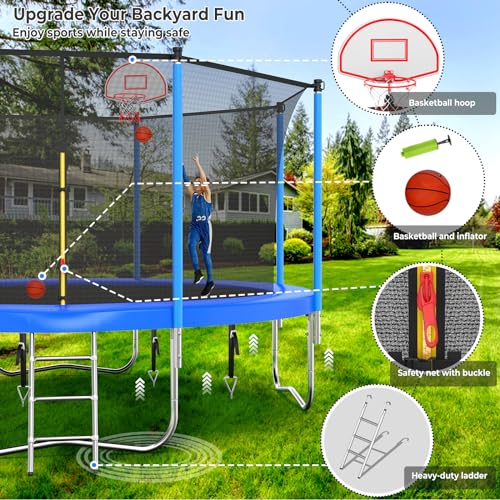 Lyromix Upgraded 12FT Trampoline for Kids and Adults, Large Outdoor Trampoline with Stakes, Light, Sprinkler, Basketball Hoop and Net, Capacity for 4-6 Kids and Adults