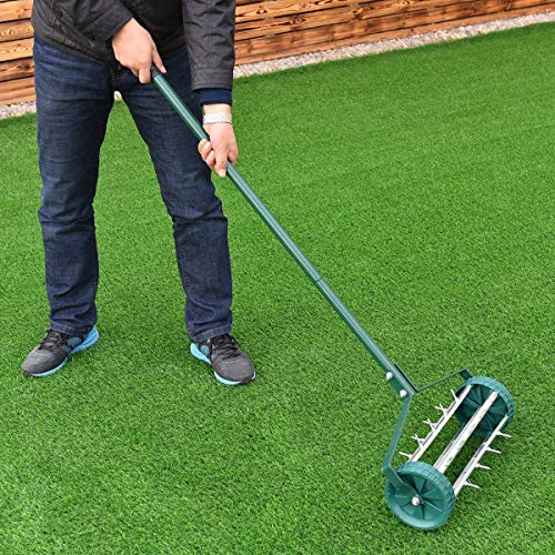 Goplus Rolling Lawn Aerator, 18-Inch Garden Yard Rotary Push Tine Heavy Duty Spike Soil Aeration, Manual Lawn Aeration Tool w/ 41-Inch Handle (Silver)