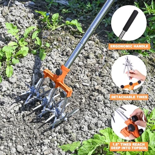 BARAYSTUS Rotary Cultivator Garden Rotary Tiller Adjustable Stainless Steel Poles Hand Tiller for Soil Mixing or Reseeding Grass Lawn Tiller Total Length 57 Inch