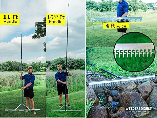 Super 4-Ft Wide Heavy Duty Rake with Extendable 11-Ft Long Handle for Seaweed Beach screening Landscaping Raking and More