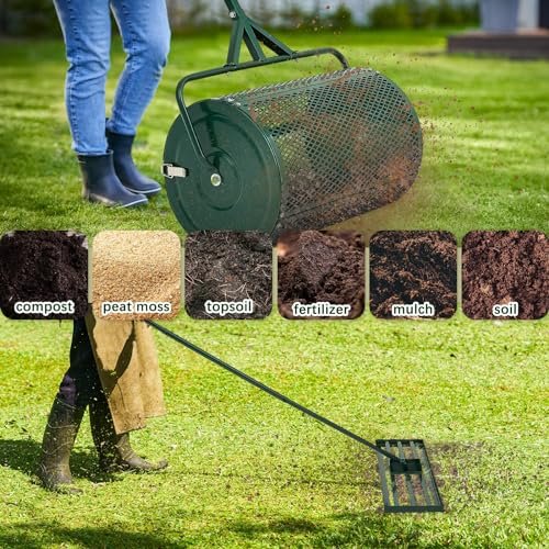 Gisafai 2 pcs Lawn Garden Care Set, 24 Inch Compost Spreader and 35 x 10 Inch Lawn Leveling Rake, Peat Moss Spreader, Metal Mesh Push with T Shaped Handle for Yard Tool